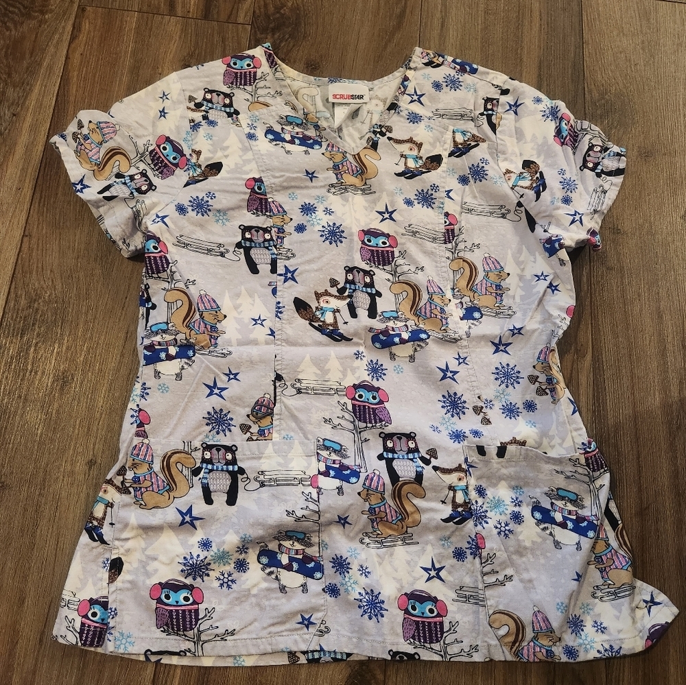 Scrub Star Winter Themed Woodland Creatures Scrub Top